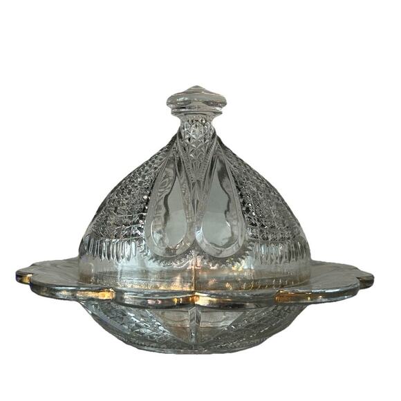 Vintage Gold Trim Glass Butter Dish Cheese Dome Cover 2pcs Covered Lid - Picture 1 of 15